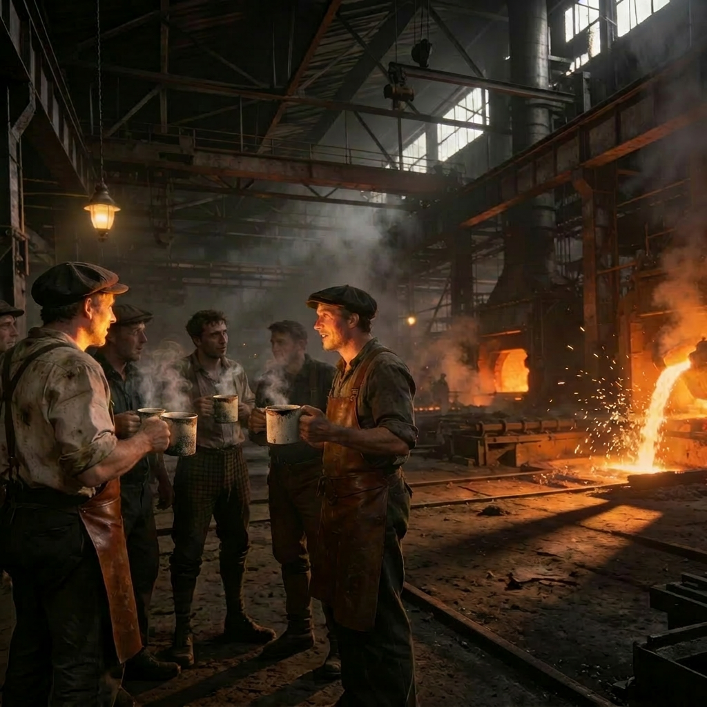 Steelworkers drinking tea